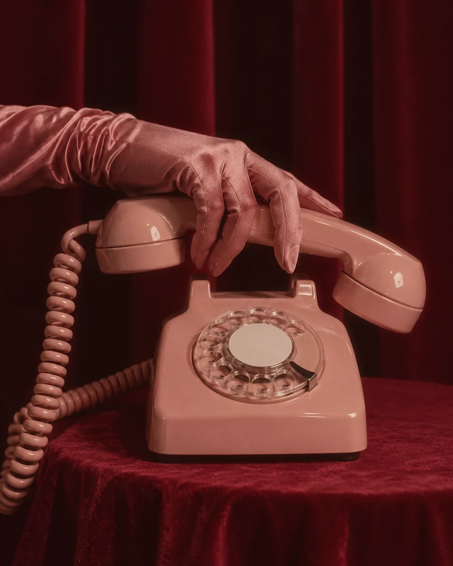Hand im rosa Satinhandschuh auf einem rosa Wählscheibentelefon vor rotem Samt